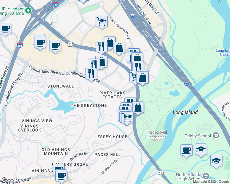 map of restaurants, bars, coffee shops, grocery stores, and more near 3260 Cumberland Boulevard Southeast in Atlanta