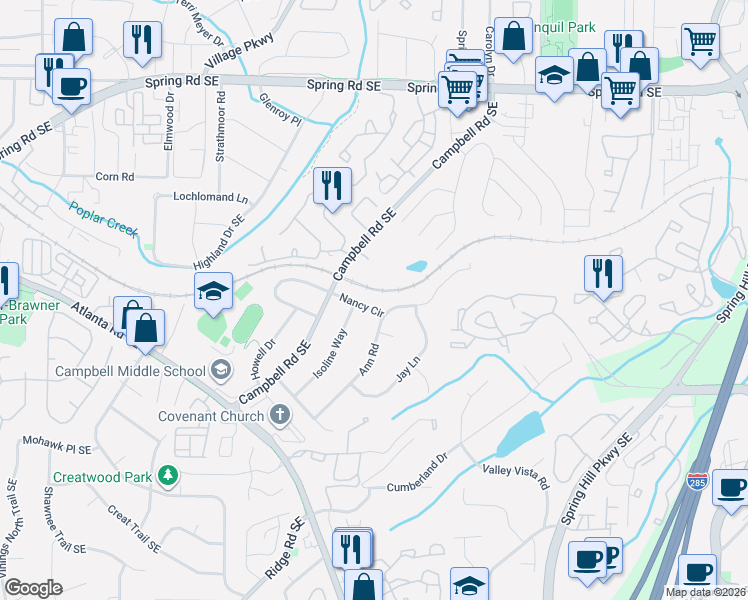 map of restaurants, bars, coffee shops, grocery stores, and more near 2125 Goodwood Boulevard Southeast in Smyrna
