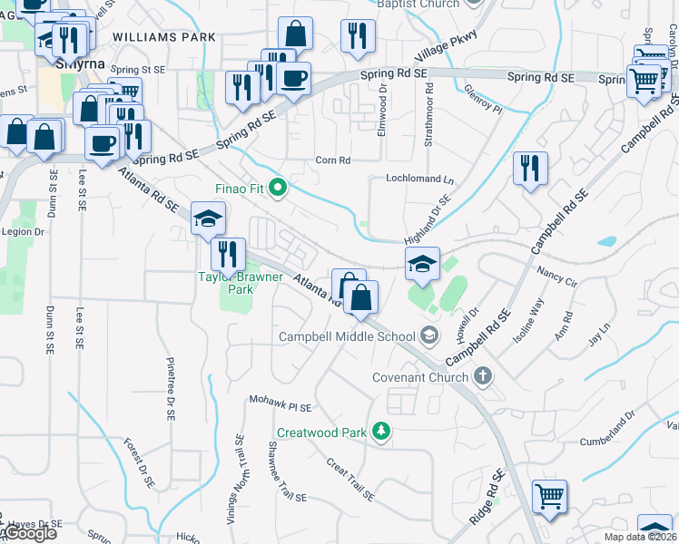 map of restaurants, bars, coffee shops, grocery stores, and more near 1108 Creatwood Circle in Smyrna