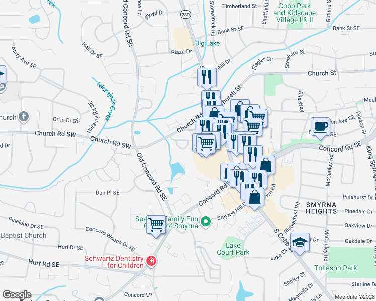 map of restaurants, bars, coffee shops, grocery stores, and more near 1082 Huntington Trce Southeast in Smyrna