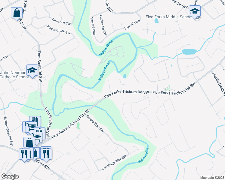 map of restaurants, bars, coffee shops, grocery stores, and more near 954 River Estate Road Southwest in Lilburn