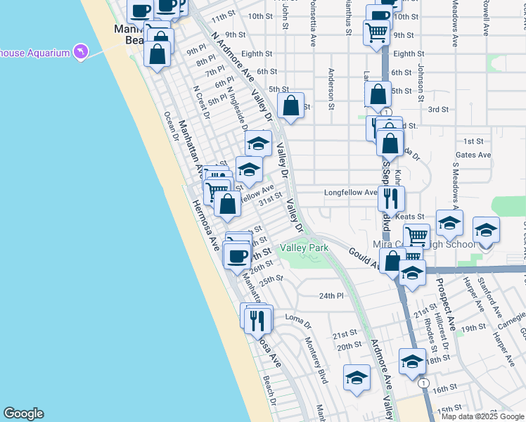 map of restaurants, bars, coffee shops, grocery stores, and more near 411 30th Street in Hermosa Beach