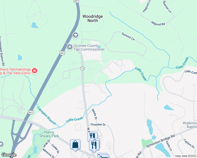 map of restaurants, bars, coffee shops, grocery stores, and more near 1044 Jones Drive in Watkinsville