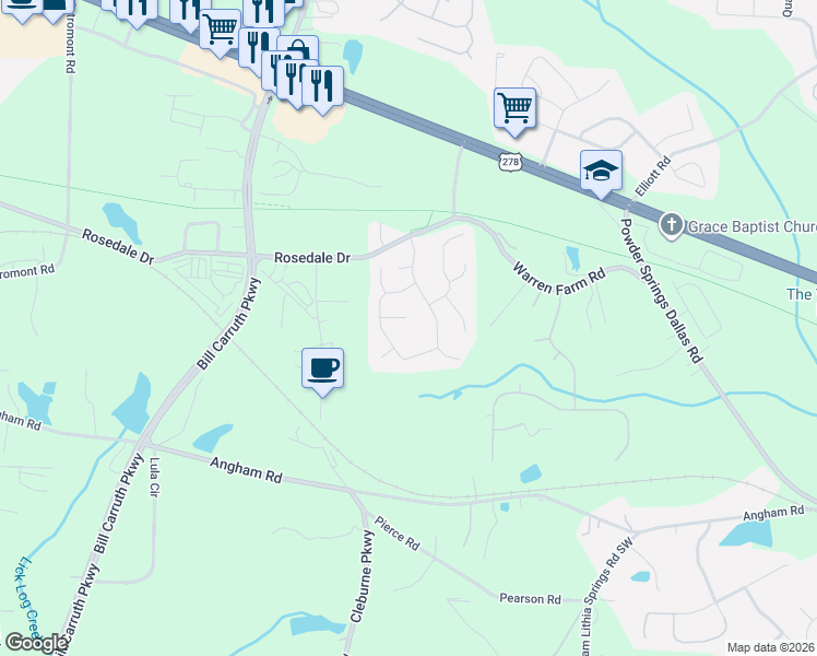 map of restaurants, bars, coffee shops, grocery stores, and more near 51 Parklin Trail in Hiram