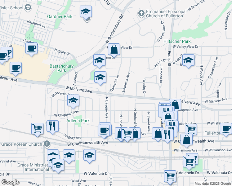 map of restaurants, bars, coffee shops, grocery stores, and more near 1525 West Malvern Avenue in Fullerton
