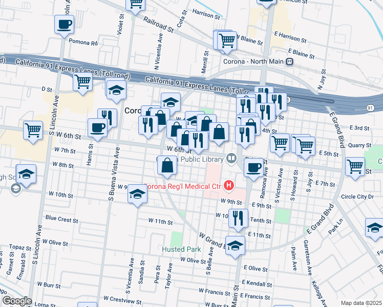 map of restaurants, bars, coffee shops, grocery stores, and more near 512 South Merrill Street in Corona