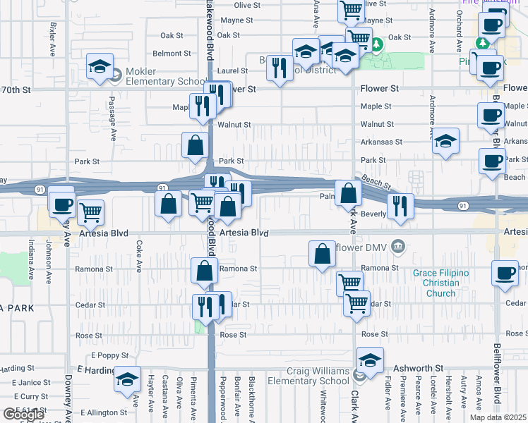 map of restaurants, bars, coffee shops, grocery stores, and more near 17226 Virginia Avenue in Bellflower