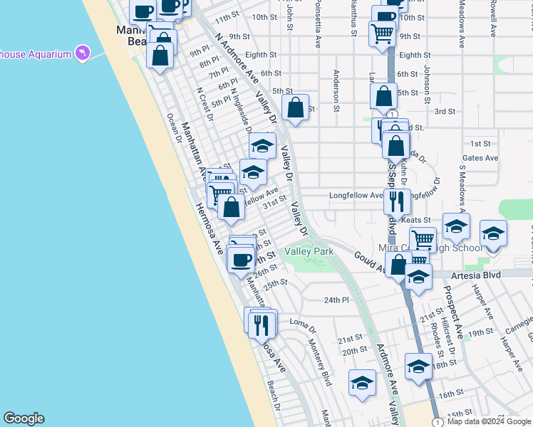 map of restaurants, bars, coffee shops, grocery stores, and more near 411 30th Street in Hermosa Beach