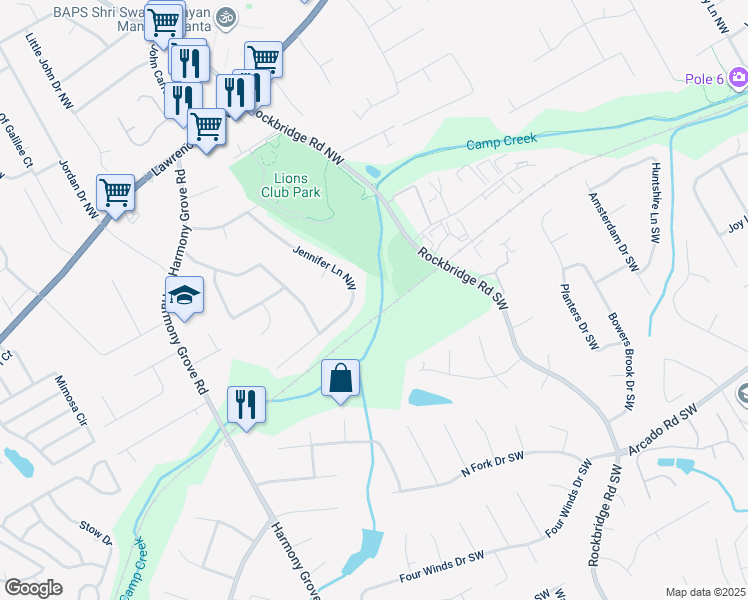 map of restaurants, bars, coffee shops, grocery stores, and more near 194 Jennifer Lane Northwest in Lilburn