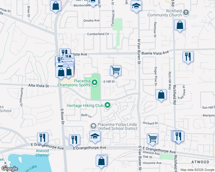 map of restaurants, bars, coffee shops, grocery stores, and more near 1427 East Cisneros Lane in Placentia