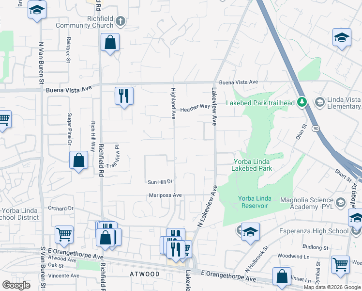 map of restaurants, bars, coffee shops, grocery stores, and more near 18042 Peppergrove Street in Yorba Linda