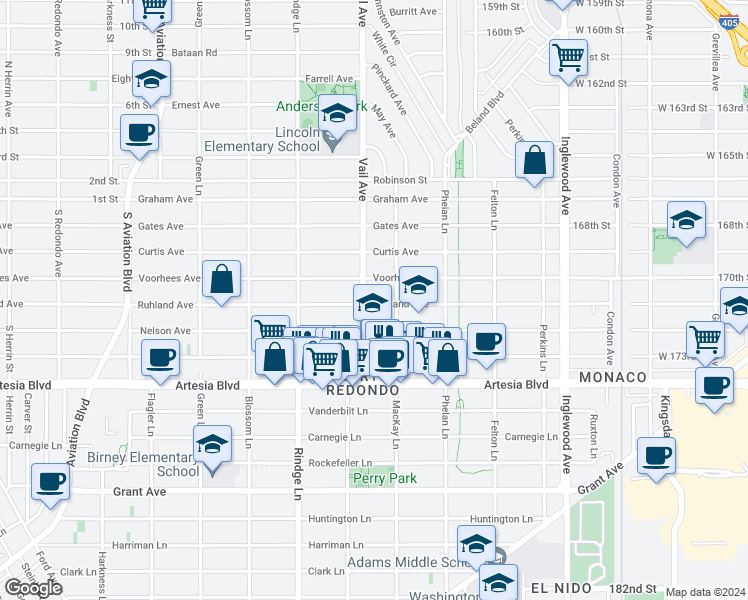 map of restaurants, bars, coffee shops, grocery stores, and more near 2305 Ruhland Avenue in Redondo Beach