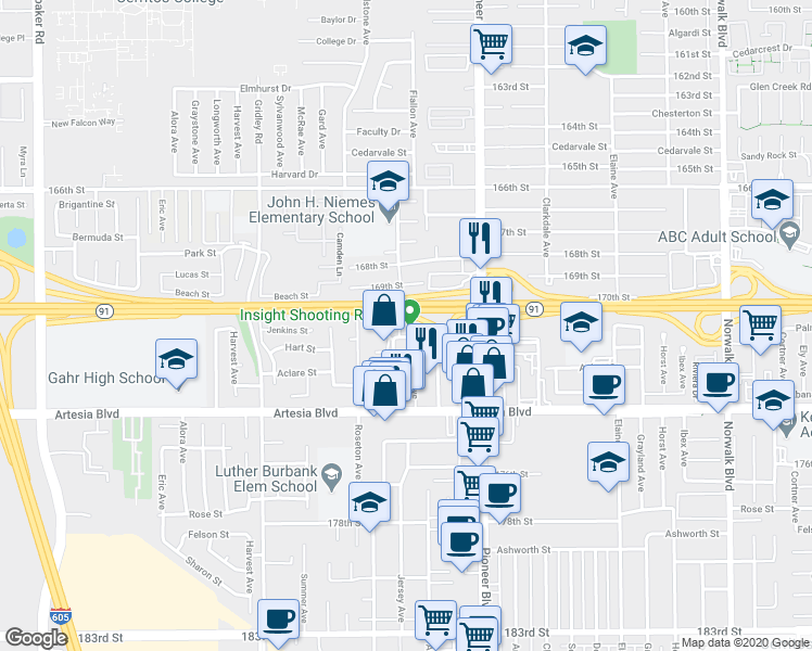 map of restaurants, bars, coffee shops, grocery stores, and more near 17020 Alburtis Avenue in Artesia