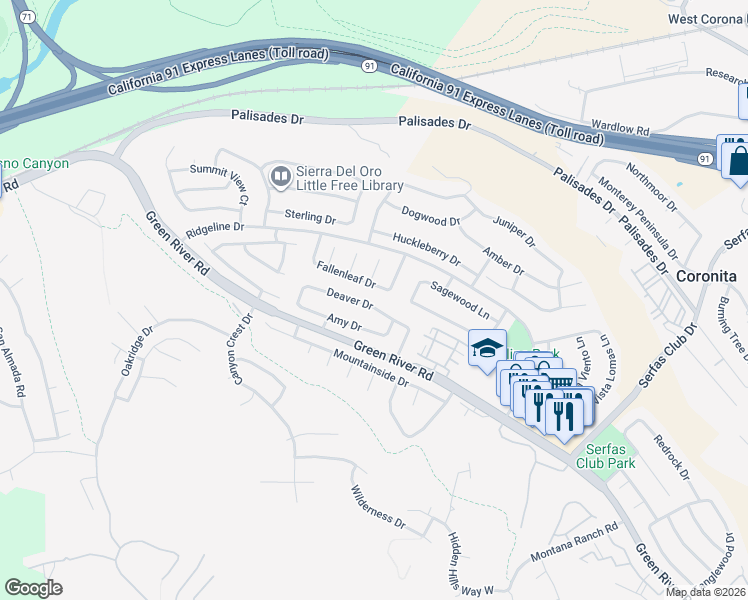 map of restaurants, bars, coffee shops, grocery stores, and more near 3324 Fallenleaf Drive in Corona