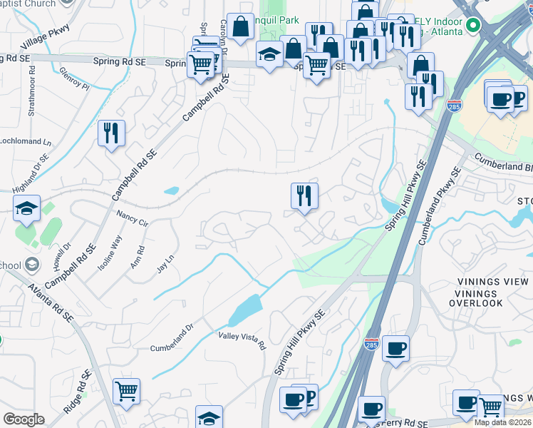 map of restaurants, bars, coffee shops, grocery stores, and more near 3200 Spring Hill Parkway Southeast in Smyrna