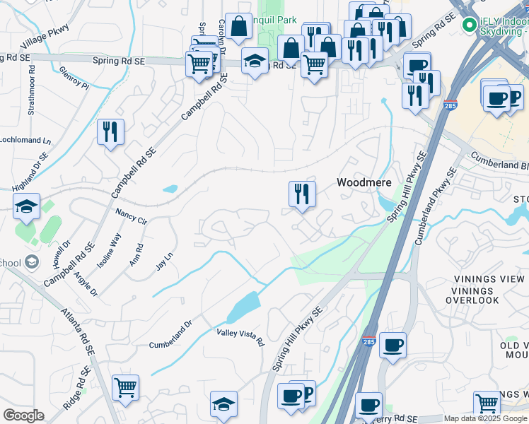 map of restaurants, bars, coffee shops, grocery stores, and more near 3200 Spring Hill Parkway Southeast in Smyrna