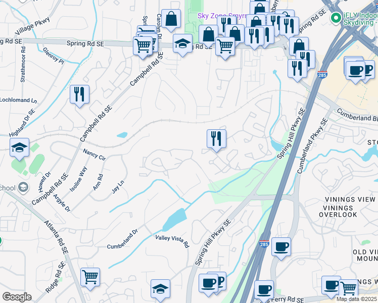 map of restaurants, bars, coffee shops, grocery stores, and more near 3200 Spring Hill Parkway Southeast in Smyrna