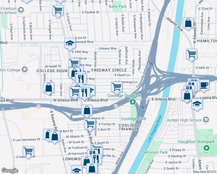 map of restaurants, bars, coffee shops, grocery stores, and more near 244 East 67th Street in Long Beach