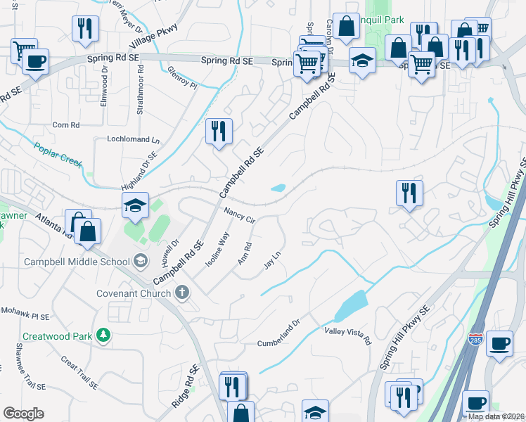 map of restaurants, bars, coffee shops, grocery stores, and more near 3188 Ann Road Southeast in Smyrna