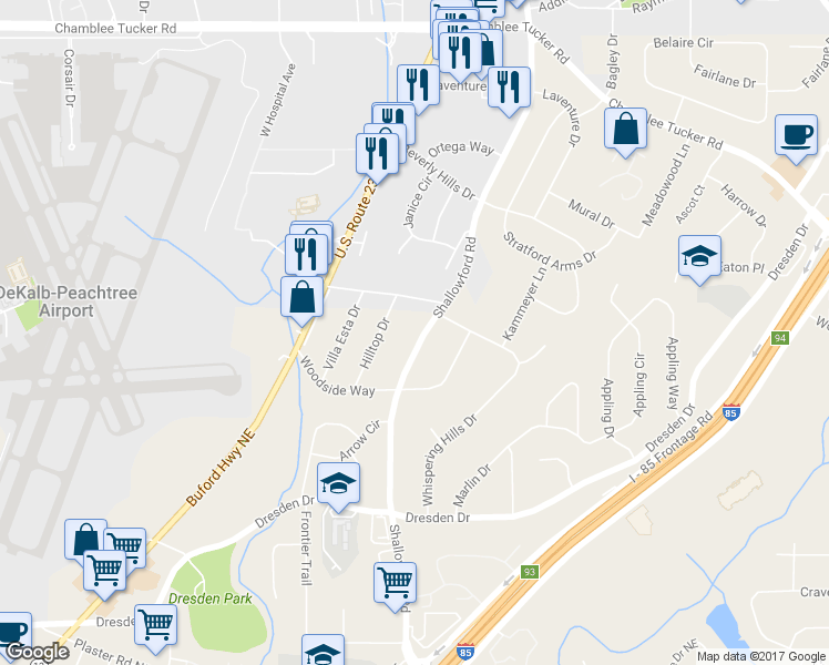 map of restaurants, bars, coffee shops, grocery stores, and more near 2990 Shallowford Road in Chamblee