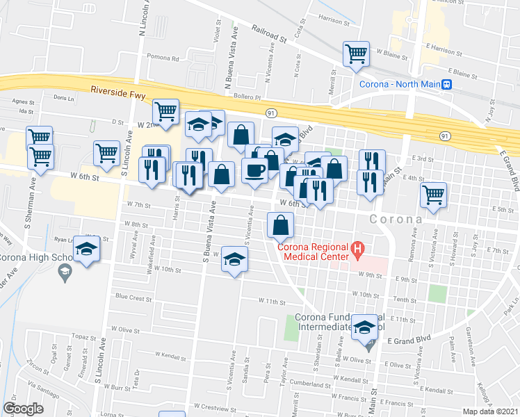 map of restaurants, bars, coffee shops, grocery stores, and more near 702 West 6th Street in Corona