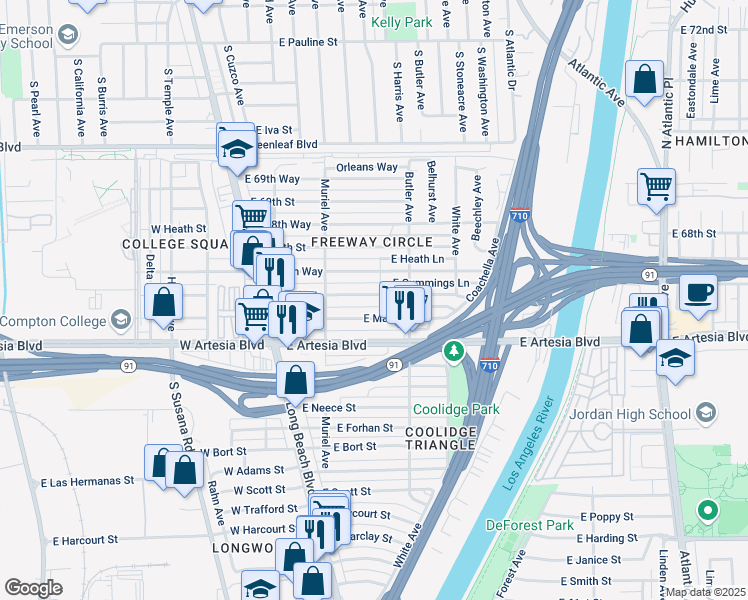 map of restaurants, bars, coffee shops, grocery stores, and more near 248 East 67th Street in Long Beach