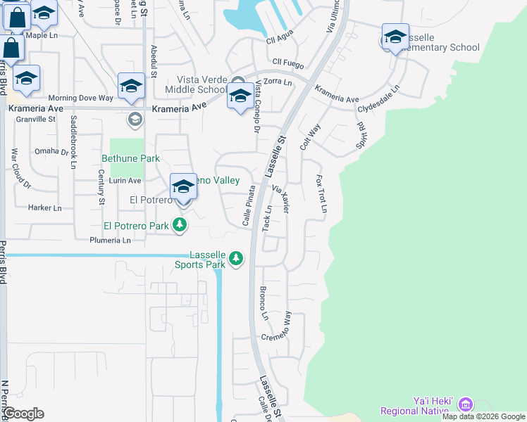 map of restaurants, bars, coffee shops, grocery stores, and more near 16907 Tack Lane in Moreno Valley