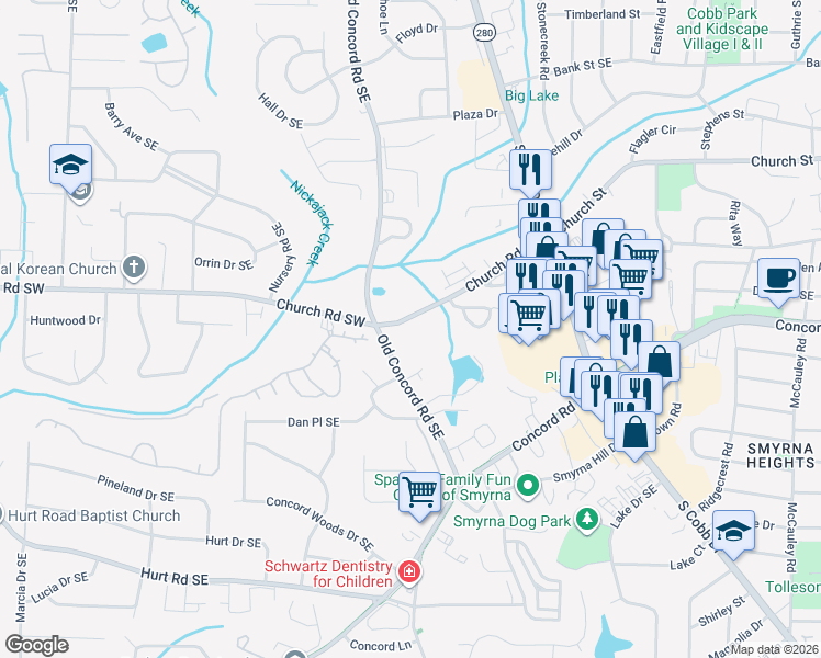 map of restaurants, bars, coffee shops, grocery stores, and more near 530 Church Road in Smyrna