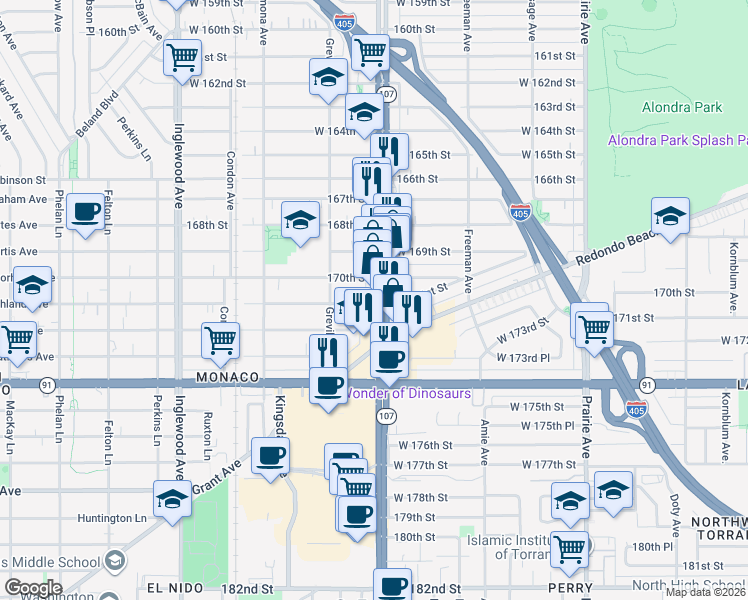 map of restaurants, bars, coffee shops, grocery stores, and more near 17023 Hawthorne Boulevard in Lawndale