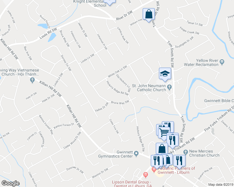 map of restaurants, bars, coffee shops, grocery stores, and more near 675 Hickory Ridge Road Southwest in Lilburn