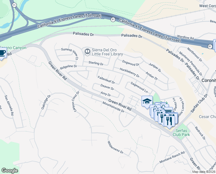 map of restaurants, bars, coffee shops, grocery stores, and more near 3356 Deaver Drive in Corona