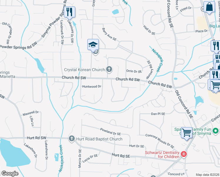 map of restaurants, bars, coffee shops, grocery stores, and more near 3206 Woodview Drive Southeast in Smyrna