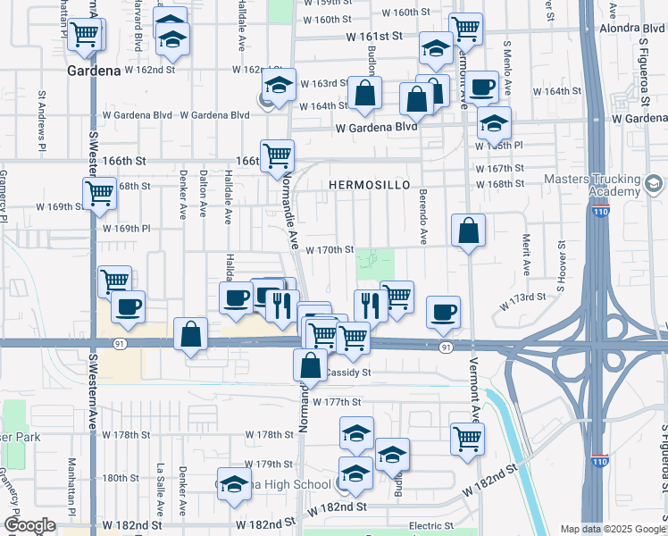 map of restaurants, bars, coffee shops, grocery stores, and more near 17020 Steven Street in Gardena