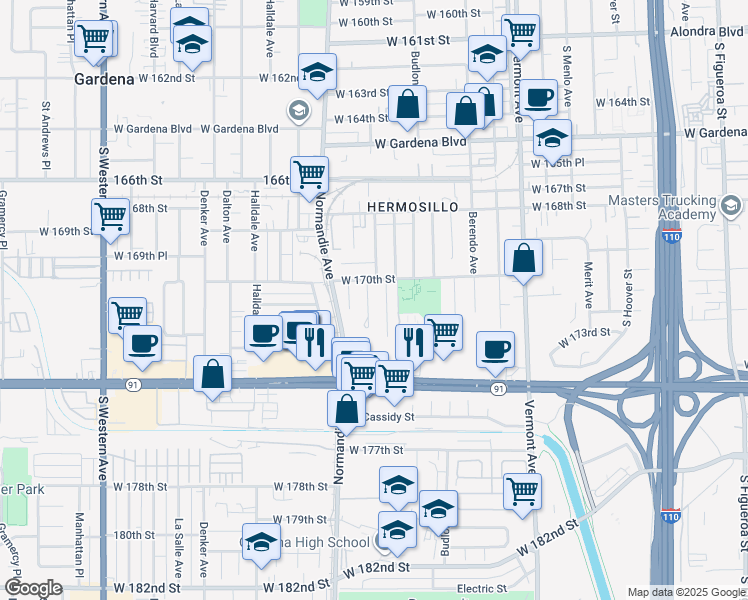map of restaurants, bars, coffee shops, grocery stores, and more near 17020 Steven Street in Gardena