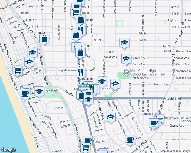 map of restaurants, bars, coffee shops, grocery stores, and more near 449 South Prospect Avenue in Manhattan Beach