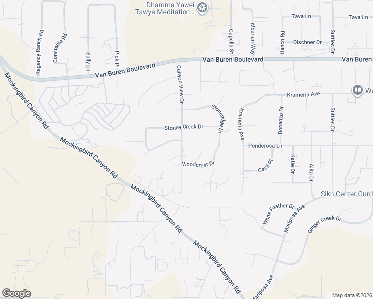 map of restaurants, bars, coffee shops, grocery stores, and more near 16750 Canyon View Drive in Riverside