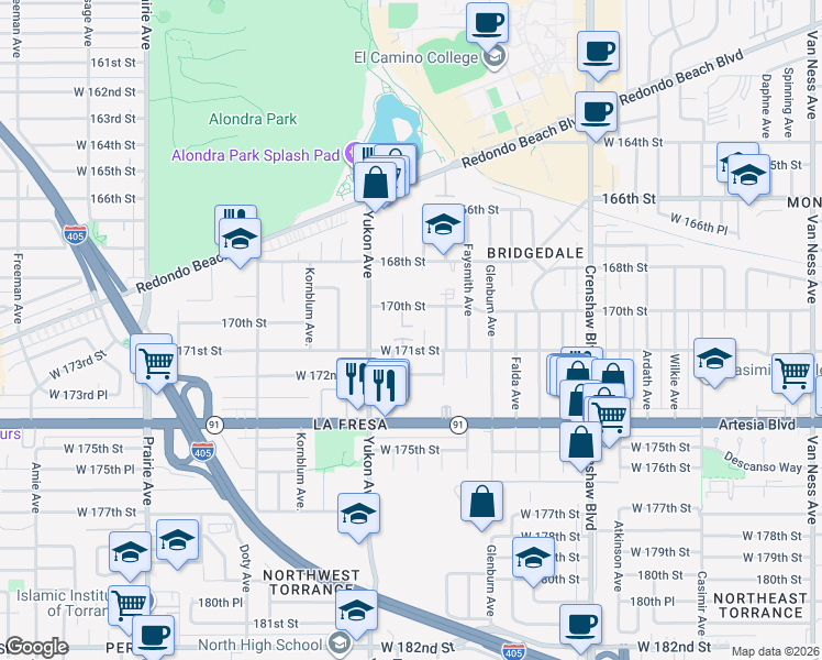 map of restaurants, bars, coffee shops, grocery stores, and more near 3457 West 171st Street in Torrance