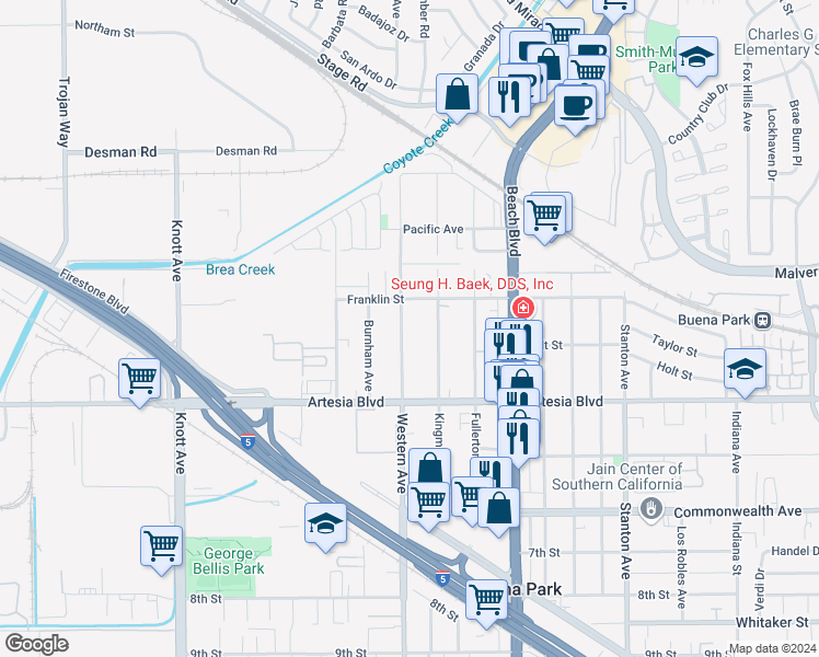 map of restaurants, bars, coffee shops, grocery stores, and more near 5812 Western Avenue in Buena Park