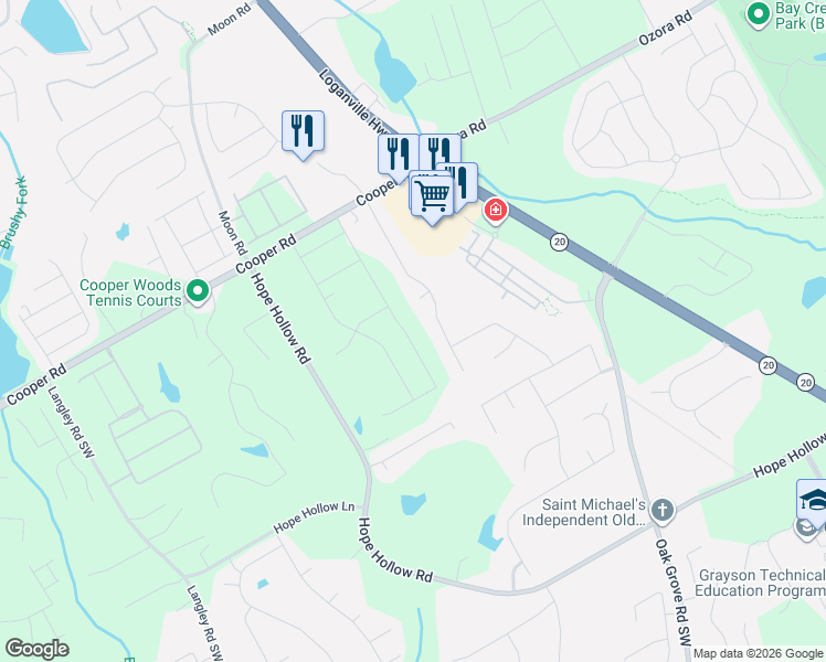 map of restaurants, bars, coffee shops, grocery stores, and more near 2905 Meadow Gate Way in Loganville