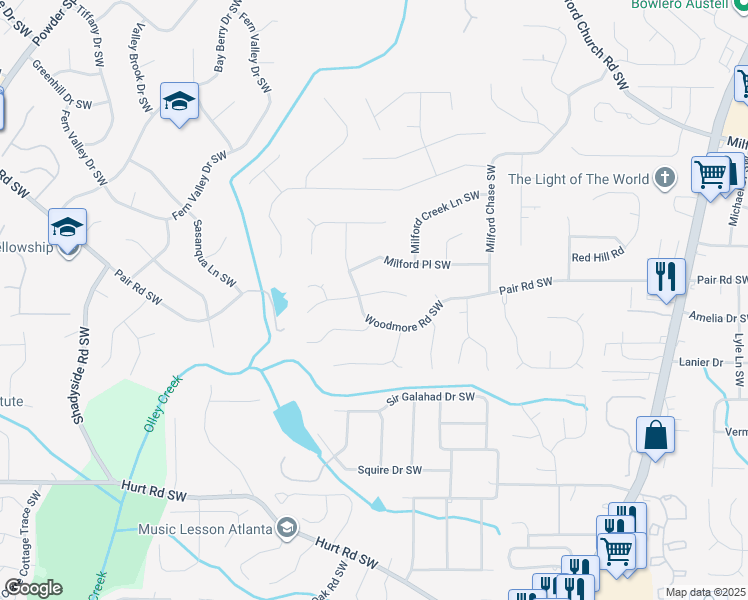 map of restaurants, bars, coffee shops, grocery stores, and more near 1713 Silverchase Drive Southwest in Marietta