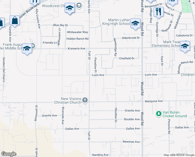 map of restaurants, bars, coffee shops, grocery stores, and more near 9622 Paradise Place in Riverside