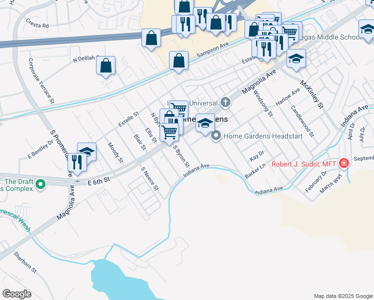 map of restaurants, bars, coffee shops, grocery stores, and more near 3740 Brotherton St in Corona
