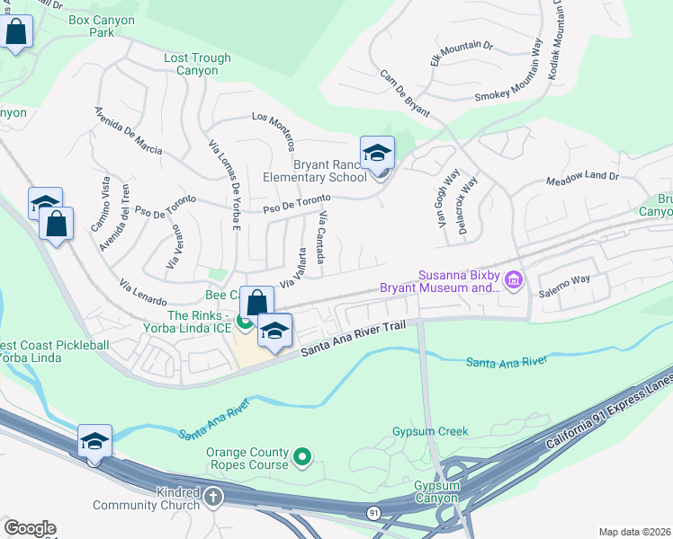 map of restaurants, bars, coffee shops, grocery stores, and more near 24671 Vía Buena Suerte in Yorba Linda