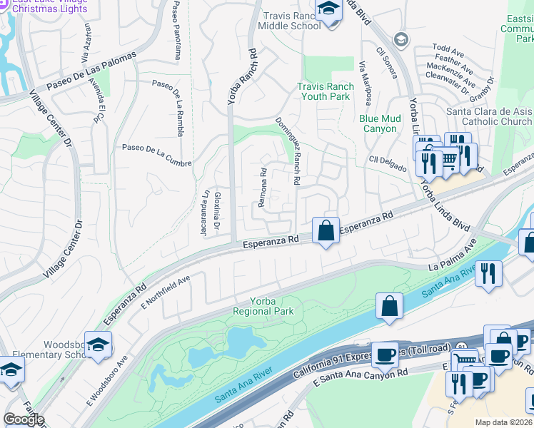 map of restaurants, bars, coffee shops, grocery stores, and more near 21107 Vía Arnaz in Yorba Linda