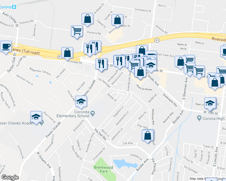 map of restaurants, bars, coffee shops, grocery stores, and more near 1665 Toyon Place in Corona