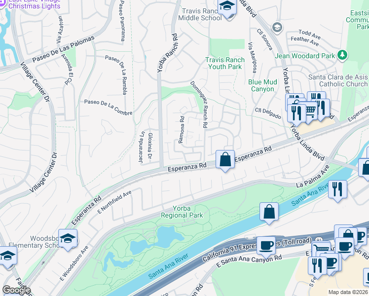 map of restaurants, bars, coffee shops, grocery stores, and more near 5856 Vía Romero in Yorba Linda