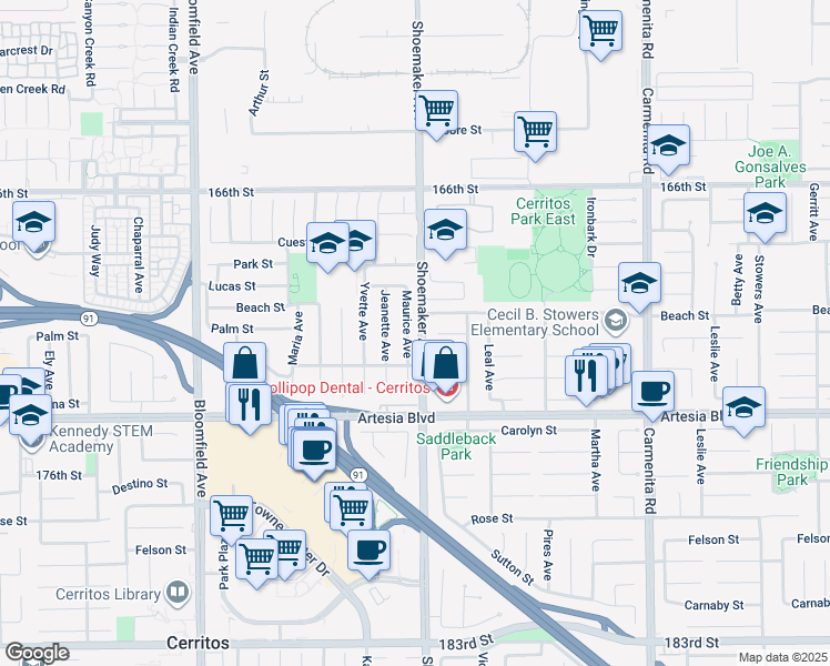 map of restaurants, bars, coffee shops, grocery stores, and more near 17109 Maurice Avenue in Cerritos