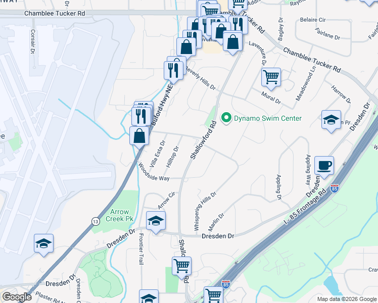 map of restaurants, bars, coffee shops, grocery stores, and more near 2990 Shallowford Road in Chamblee