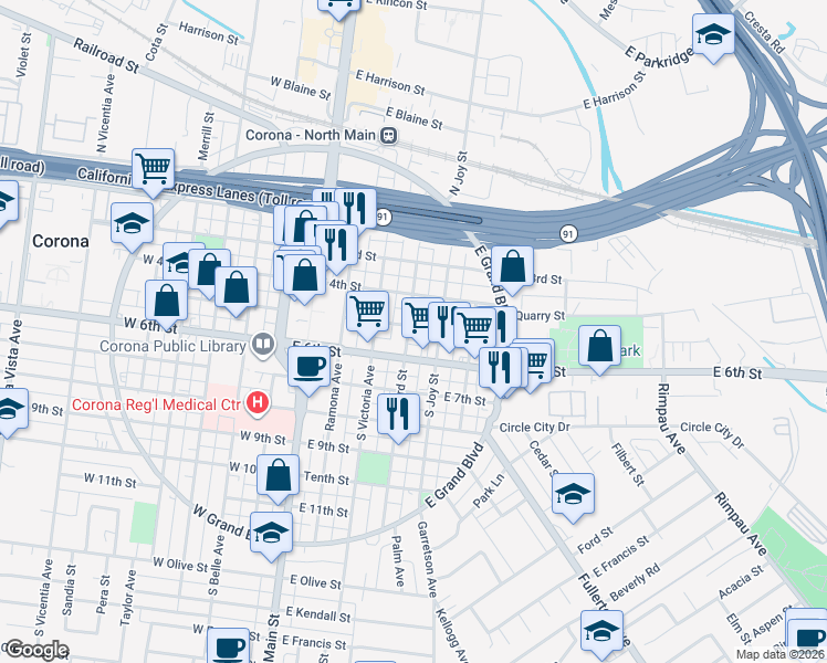 map of restaurants, bars, coffee shops, grocery stores, and more near 501 South Howard Street in Corona