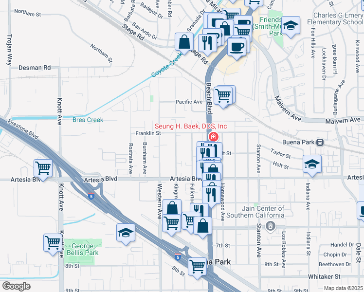 map of restaurants, bars, coffee shops, grocery stores, and more near 5794 Kingman Avenue in Buena Park